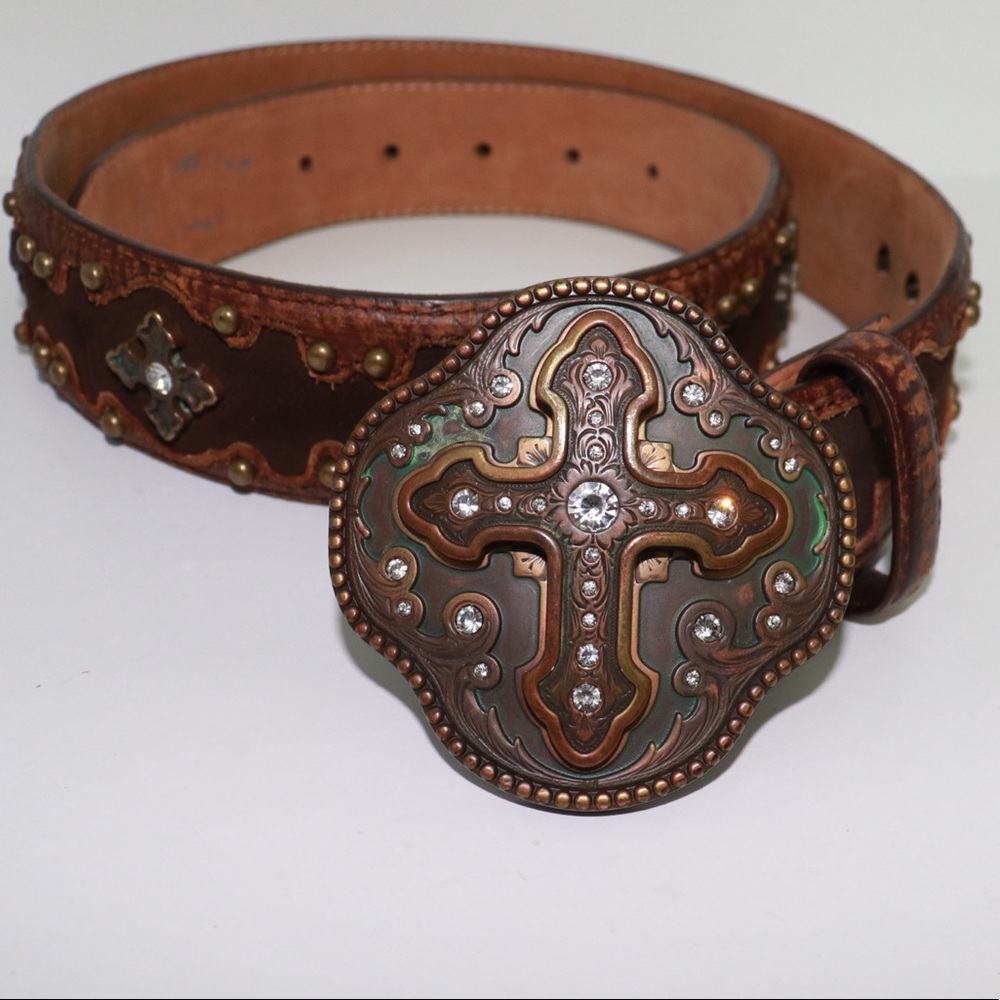 Justin Boots Western Cowgirl Leather Cross Belt Studded Rhinestone 32 Big Buckle